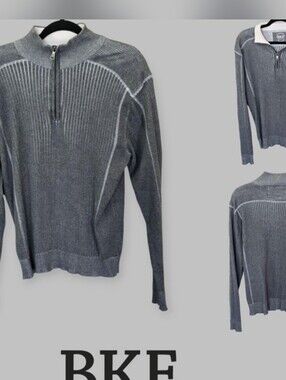 BKE Gray Kingston Quarter Zip Ribbed Sweater 100% Cotton Mens Large